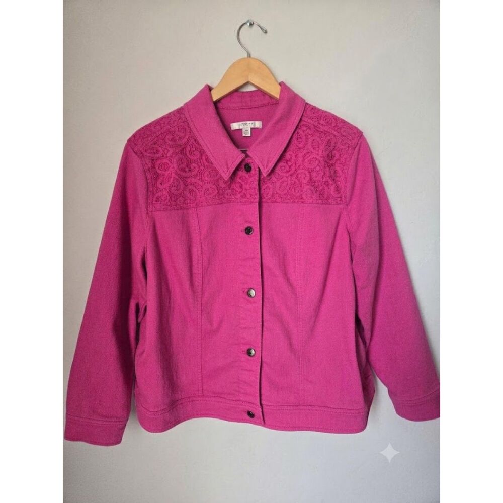 Liz Claiborne Women's Plus Size 22W Pink Denim Jacket with Lace Accents